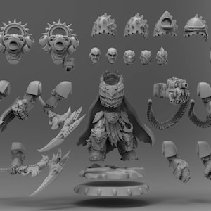 May include: A grey resin miniature model kit featuring a central armored figure with a cape, multiple interchangeable heads, shoulder pads, weapon arms including a chain-blade and scythe, and a circular base. The Atlan Forge logo is visible.