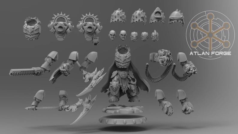 May include: A grey resin miniature model kit featuring a central armored figure with a cape, multiple interchangeable heads, shoulder pads, weapon arms including a chain-blade and scythe, and a circular base. The Atlan Forge logo is visible.
