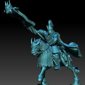May include: A miniature figurine of a knight riding a dragon, holding a spear with a dragon head at the end. The knight is wearing armor and a cape, and the dragon is detailed with scales and wings.