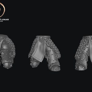 May include: Three grey miniature armour pieces, 3D-printed with detailed skull motifs, chainmail, and layered plates. These pieces are designed for hobbyists and miniature enthusiasts. The image is set against a dark background.