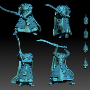 Peut inclure: Une figurine miniature imprimée en 3D d'un guerrier portant une cape à capuche et une armure de chainmail, tenant une épée courbe. La figurine est posée dans une posture de combat avec l'épée levée au-dessus de sa tête. La miniature est peinte en bleu turquoise.