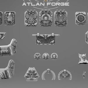 May include: A collection of grey miniature resin components featuring intricate relief carvings of skulls, wings, and geometric patterns. The set includes rectangular panels, decorative plates, and structural parts labelled with the text ATLAN FORGE.