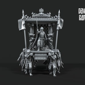 May include: A gray 3D printed miniature of a figure sitting on a throne carried by four figures. The throne is decorated with dragon heads and the figure is holding a sword. The miniature is labeled "Davale Games".