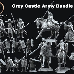 Puede incluir: Una colección de figuras grises en miniatura de un ejército de castillo, que incluye arqueros, infantería con escudos y espadas, y caballeros montados con lanzas. El texto "Grey Castle Army Bundle" se muestra en la parte superior.