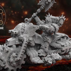 May include: A grey 3D-printed miniature depicting a warrior on a heavily armoured motorcycle. The motorcycle has skull and spike details, with a large weapon raised. The Atlan Forge logo is visible in the upper left corner.