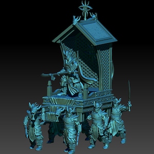 May include: A teal-colored miniature figurine of a figure sitting on a throne carried by four figures. The throne is decorated with intricate carvings and the figure is holding a sword.