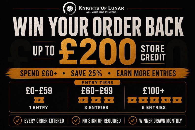 May include: A black promotional graphic for Knights of Lunar featuring the text WIN YOUR ORDER BACK UP TO &pound;200 STORE CREDIT. It details entry tiers for a contest, showing 1, 3, or 5 ticket icons for different spending levels, plus checkmarks.