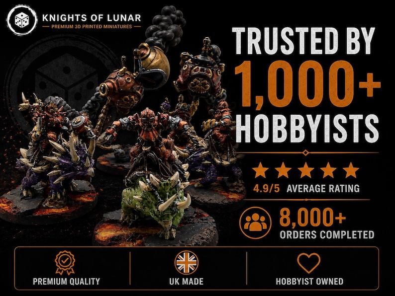 May include: A collection of painted fantasy miniatures featuring armored figures riding dinosaur-like creatures. Text includes KNIGHTS OF LUNAR, TRUSTED BY 1,000+ HOBBYISTS, 4.9/5 AVERAGE RATING, 8,000+ ORDERS COMPLETED, PREMIUM QUALITY, UK MADE, HOBBYIST OWNED.