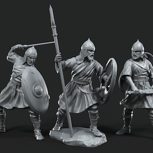 May include: Three gray plastic figurines of medieval warriors, each holding a shield and weapon. The warrior on the left is holding a sword, the middle warrior is holding a spear, and the warrior on the right is holding a sword. The figures are standing on a gray base.