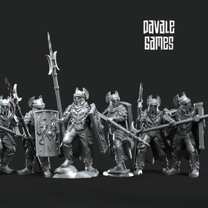 May include: A monochrome image showing seven figures in armour, each holding a weapon. The figures are posed as if ready for battle, with helmets and shields. The text "DAVALE GAMES" is in the top right corner.