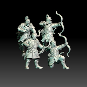 May include: Four miniature figures of archers, each wearing chainmail armor and holding a bow and arrow. The figures are posed in various stances, some with their bows drawn and others with their arrows nocked.
