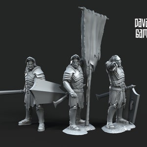 May include: Three grey plastic miniatures of orcs wearing armour and holding swords and shields. One orc holds a flag with a white banner.