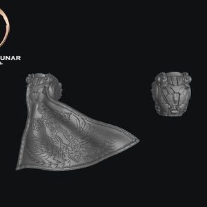 May include: A grey, 3D-printed miniature set, featuring a detailed cape with an ornate design and a separate helmet. The cape has a flowing shape, and the helmet has a segmented, armored appearance. The logo "Knights Of Lunar" is in the upper left.