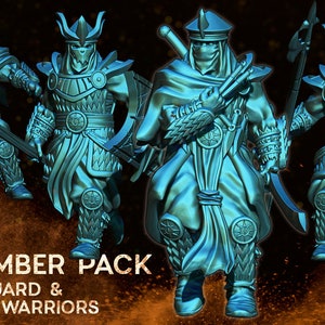 May include: Four miniature figures of warriors in blue and silver armor, holding swords and shields. The figures are posed in a dynamic fighting stance. The image is labeled "SEPTEMBER PACK ROYAL GUARD & SHADOW WARRIORS".