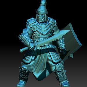 May include: A 3D printed miniature of a warrior wearing blue and silver armor, holding a sword and shield. The warrior has a helmet with a skull face and a plume on top.