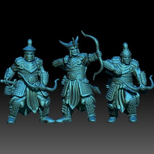 May include: Three miniature figures of warriors wearing armor and holding bows and arrows. The figures are painted in a teal blue color.