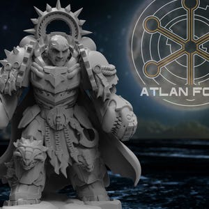 May include: A grey resin miniature figure of a warrior in heavy, ornate power armor with a spiked halo, large gauntlets, and a cape. The figure features intricate mechanical details and a stern facial expression. The text ATLAN FORGE is visible.