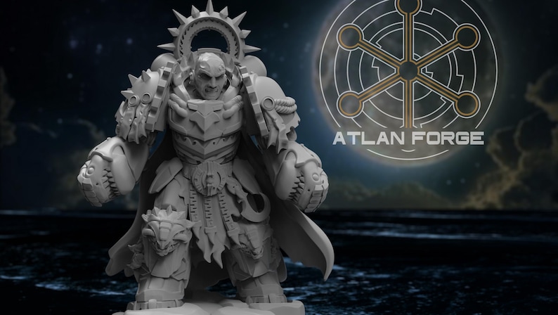 May include: A grey resin miniature figure of a warrior in heavy, ornate power armor with a spiked halo, large gauntlets, and a cape. The figure features intricate mechanical details and a stern facial expression. The text ATLAN FORGE is visible.