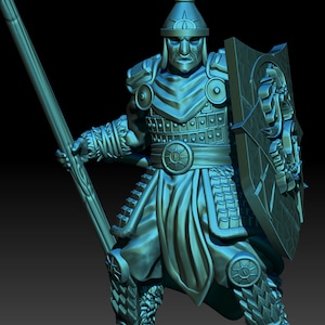 May include: A teal blue miniature figurine of a warrior wearing armor and holding a spear and shield. The warrior has a helmet with a plume and a stern expression.