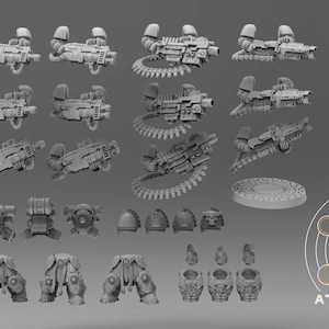 May include: A selection of grey, 3D-printed miniature war game components. The image shows various weapons, armour pieces, and mechanical parts, suitable for tabletop gaming. The Atlan Forge logo is in the lower right corner.