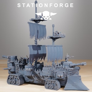 May include: A grey, plastic model of a pirate ship with a skull and crossbones flag. The ship has a large sail, a cannon, and a crew of figures. The ship is on a wooden surface. STATIONFORGE is printed on the background.