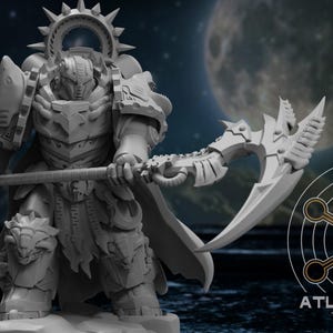 May include: A gray miniature figurine of a warrior in ornate plate armor, featuring a spiked halo, a cape, and a large scythe-like polearm. The figure stands on a base, with the text ATLAN FORGE and a circular geometric logo visible in the corner.