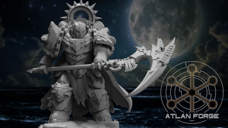 May include: A gray miniature figurine of a warrior in ornate plate armor, featuring a spiked halo, a cape, and a large scythe-like polearm. The figure stands on a base, with the text ATLAN FORGE and a circular geometric logo visible in the corner.