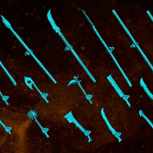 Puede incluir: Un conjunto de 15 armas de orco de color turquesa, que incluyen espadas, hachas, lanzas y mazas. Las armas están dispuestas en fila sobre un fondo oscuro. Paquete de octubre Armas de orco.