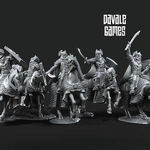 May include: A set of eight grey plastic miniature figures of knights on horseback, each with a sword and shield. The figures are posed in a variety of dynamic stances, and the text "Davale Games" is visible in the background.