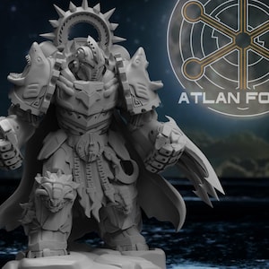 May include: A gray miniature figurine of a warrior in heavy ornate armor with a spiked halo, large gauntlets, and a flowing cape. The figure stands on a rocky base, with the text ATLAN FORGE and a circular geometric logo visible in the background.