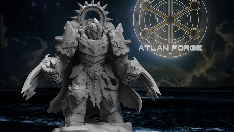 May include: A gray miniature figurine of a warrior in heavy ornate armor with a spiked halo, large gauntlets, and a flowing cape. The figure stands on a rocky base, with the text ATLAN FORGE and a circular geometric logo visible in the background.