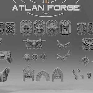 Puede incluir: Una colección de elementos arquitectónicos y decorativos en miniatura grises y detallados, que incluyen escudos, arcos y adornos ornamentados. El logotipo "ATLAN FORGE" está en la parte superior.