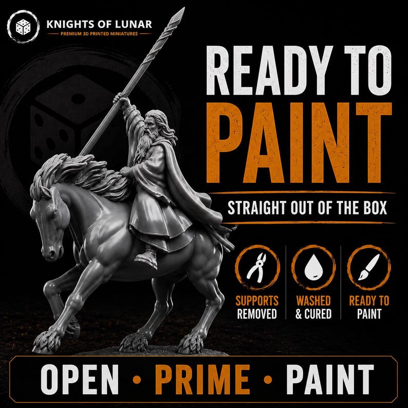 May include: A gray 3D printed miniature of a bearded figure in robes riding a horse and holding a spear. Text reads: KNIGHTS OF LUNAR, READY TO PAINT, STRAIGHT OUT OF THE BOX, SUPPORTS REMOVED, WASHED & CURED, READY TO PAINT, OPEN, PRIME, PAINT.