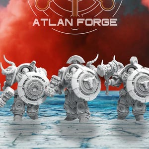 Puede incluir: Un grupo de figuras en miniatura blancas de guerreros blindados con escudos y armas. Las figuras están de pie en fila, con un fondo rojo y naranja. El texto "ATLAN FORGE" está en la parte superior.