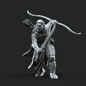 May include: A monochrome figurine of an archer in a combat stance, drawing back a bow. The figure is clad in detailed armour and a flowing cape, with arrows visible on the back. The image includes the text "DAVALE GAMES".