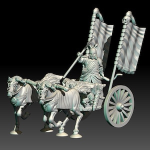 May include: A detailed miniature of a chariot pulled by two horses, driven by a warrior with a spear and a skull-topped banner. The chariot has a single wheel and is decorated with skulls.