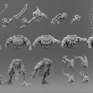 Puede incluir: Una colección de miniaturas de fantasía impresas en 3D, que incluyen armas, armaduras y partes de criaturas. Las armas incluyen espadas, hachas y guanteletes con cuchillas. También se muestran piezas de armadura y patas y cabezas de criaturas. El logotipo "ATLAN FORGE" está en la parte superior derecha.