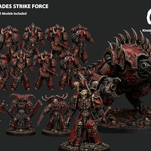May include: A set of 15 miniature models, the "Demon Hades Strike Force," in red and black. The models feature armored figures and a large, monstrous creature, all with detailed designs and a dark fantasy theme.