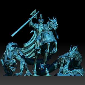 May include: A miniature figurine of a warrior riding a dragon, with two smaller dragons at the base. The warrior is wearing armor and holding a spear. The dragons are painted in a teal color.
