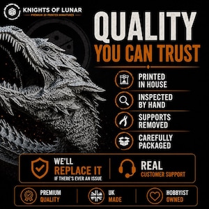 May include: A black and white graphic featuring a 3D printed dragon head miniature. Text includes Knights of Lunar, Quality You Can Trust, Printed In House, Inspected By Hand, Supports Removed, Carefully Packaged, We'll Replace It, Real Customer Support, Premium Quality, UK Made, and Hobbyist Owned.