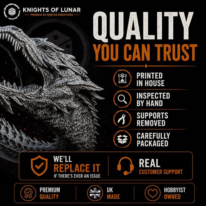 May include: A black and white graphic featuring a 3D printed dragon head miniature. Text includes Knights of Lunar, Quality You Can Trust, Printed In House, Inspected By Hand, Supports Removed, Carefully Packaged, We'll Replace It, Real Customer Support, Premium Quality, UK Made, and Hobbyist Owned.