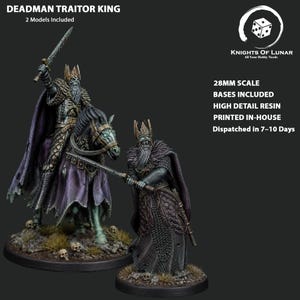 Può includere: Due miniature in resina Deadman Traitor King in scala 28mm. Un personaggio è montato su un cavallo con una spada sollevata, mentre l'altro è a piedi con una spada. Entrambi indossano corone, cotte di maglia e mantelli viola logori su basi circolari.