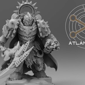 May include: A grey miniature figurine of a warrior in ornate spiked armor, holding a large bladed weapon with a jagged edge. The figure features a circular halo-like crest and a cape. The text ATLAN FORGE appears next to a circular logo.