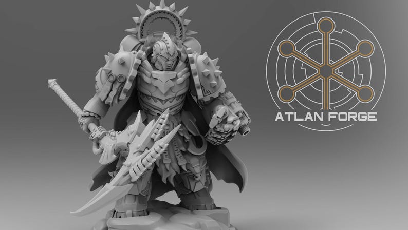 May include: A grey miniature figurine of a warrior in ornate spiked armor, holding a large bladed weapon with a jagged edge. The figure features a circular halo-like crest and a cape. The text ATLAN FORGE appears next to a circular logo.