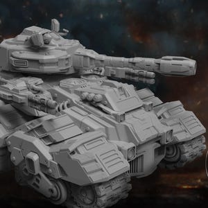 May include: A gray, futuristic tank model with a large turret and multiple weapon systems. The tank has a detailed design with visible tracks and a complex body. The image includes the text "ATLAN FORGE" and a logo.
