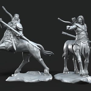 May include: Two gray centaur figurines, one rearing up with a spear, the other aiming a bow and arrow. Both figures are detailed with armor and flowing hair. The text "DAVALE GAMES" is in the upper right corner.