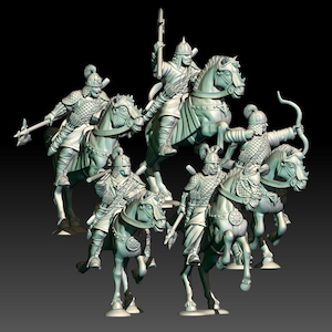 May include: A set of six miniature figures of mounted warriors, each riding a horse and holding a weapon. The figures are made of a light gray plastic and are detailed with armor, weapons, and facial features.