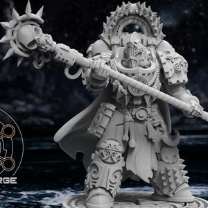 May include: A detailed, gray figurine of a warrior in ornate armor, holding a staff with a skull and spiked head. The figure has a cape and is standing on a circular base. The Atlan Forge logo is in the lower left corner.