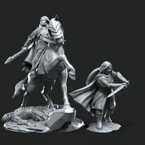 May include: A grayscale image of miniature figurines depicting a medieval battle scene. One figure is on horseback, another is on foot with a sword, and a third lies on the ground. The text "DAVALE GAMES" is in the upper right corner.