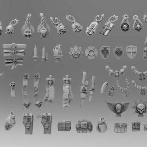 May include: A selection of grey, 3D-printed miniature accessories, including swords, shields, skulls, and decorative elements. The "ATLAN FORGE" logo is in the upper left corner. These items are likely for tabletop gaming or model building.